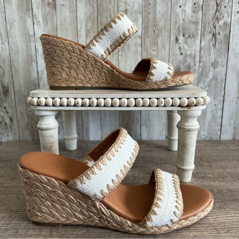 Tommy Bahama Cream Tan Woven Espadrille Wedge Sandals Beachy Resort Size 6.5